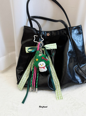 原创圣诞节miu系包包挂件绿色森系毛绒圣诞树格子蝴蝶结混搭挂饰