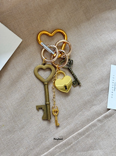 原创金色金属爱心锁钥匙扣复古黄铜包包挂件富贵质感挂件