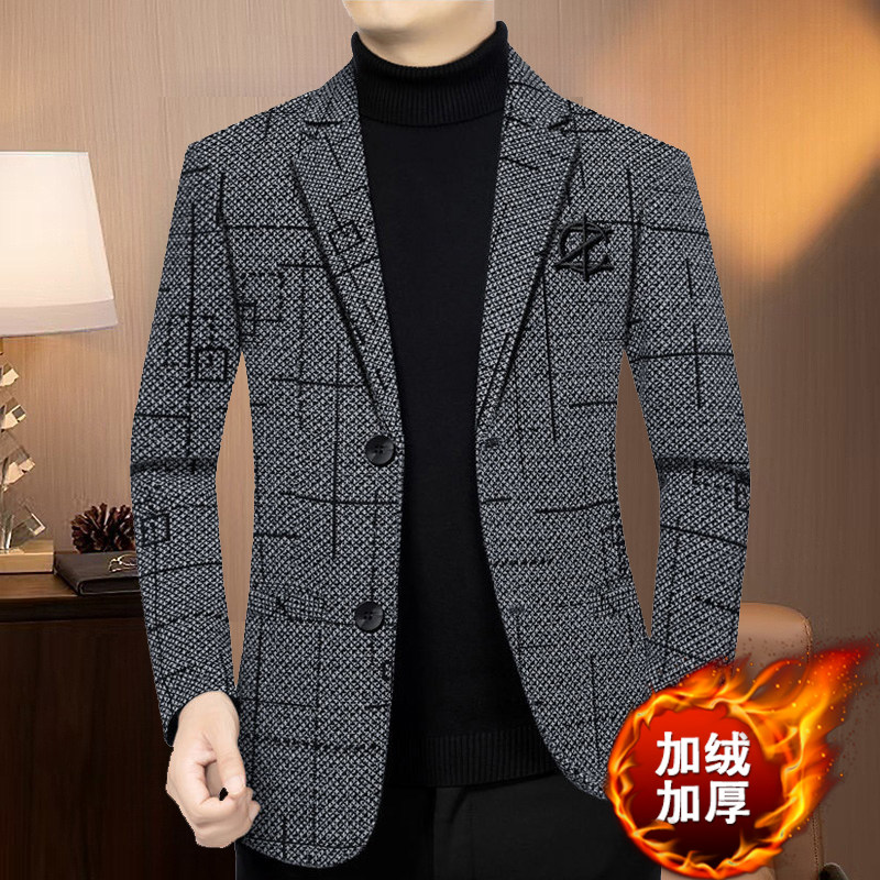 秋冬季加绒西装外套中年男士西装领夹克衫休闲保暖加厚西服爸爸装