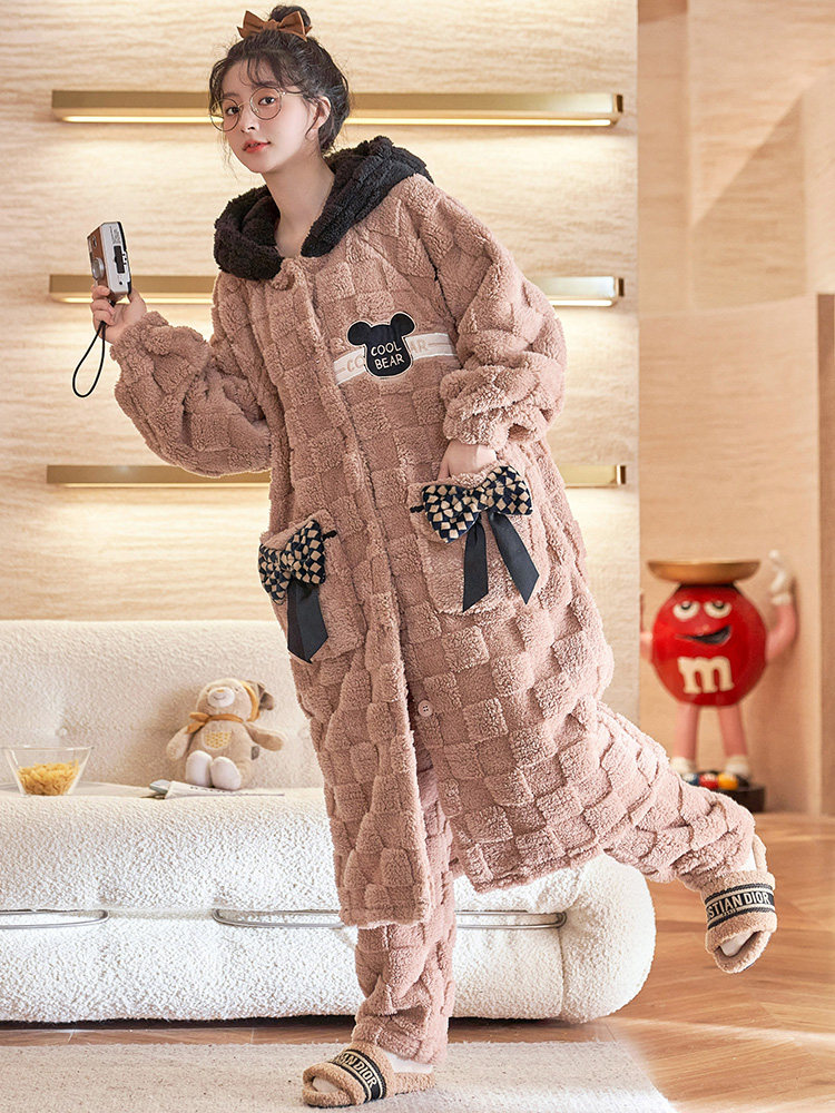 PAJAMAS WOMENS AUTUMN WINTER CORAL VELVET DRESSING GOWN PILE THICKENED 2024 NEW FLANNEL LOUNGEWEAR SET LONG