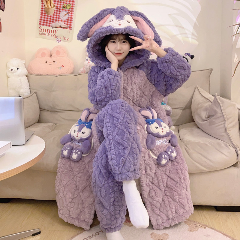 珊瑚绒睡袍秋冬款加厚加绒三层夹棉睡衣女款冬季法兰绒长款家居服