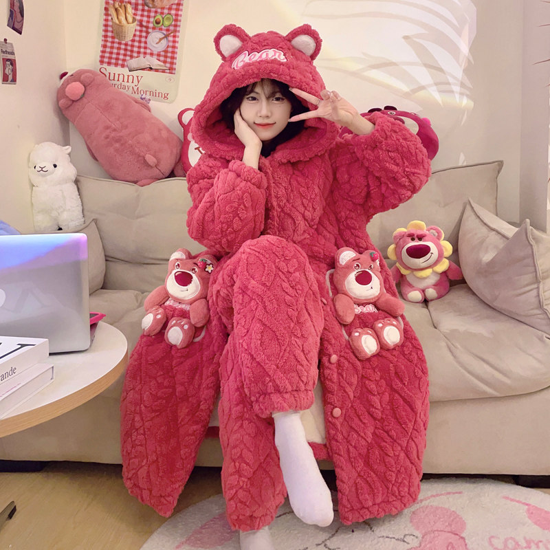 珊瑚绒睡衣女秋冬季三层夹棉袄冬款加绒加厚长款睡袍家居服套装