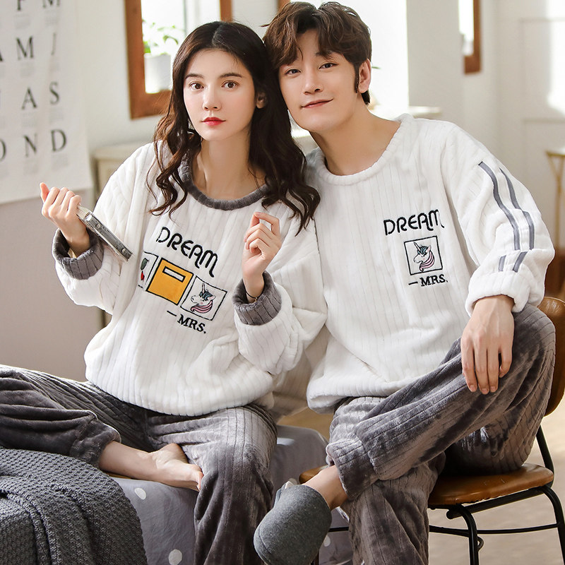 冬天珊瑚绒情侣睡衣女士男士冬季加厚加绒法兰绒秋冬款家居服套装