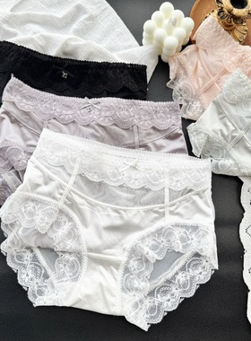 【90-130斤】0538#迎着风~宽边缎面蕾丝内裤网纱中腰包臀女内裤
