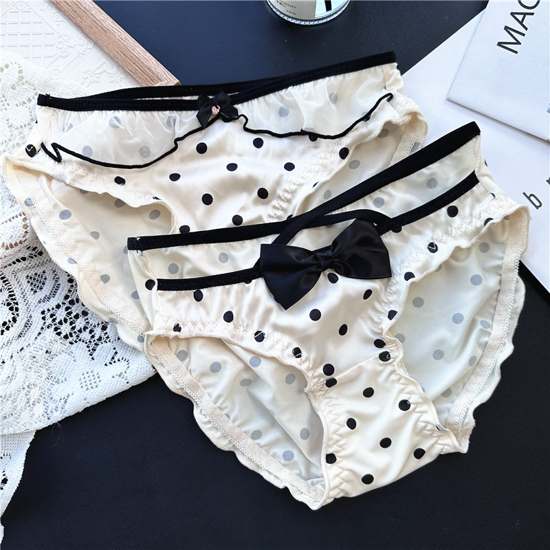 【90-130斤】2306奶油波点#可爱交叉冰丝网纱边性感低腰女内裤