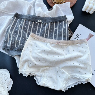 【90-140斤】3922#多么幸运~可爱卡通条纹平角裤加长裆波点女内裤