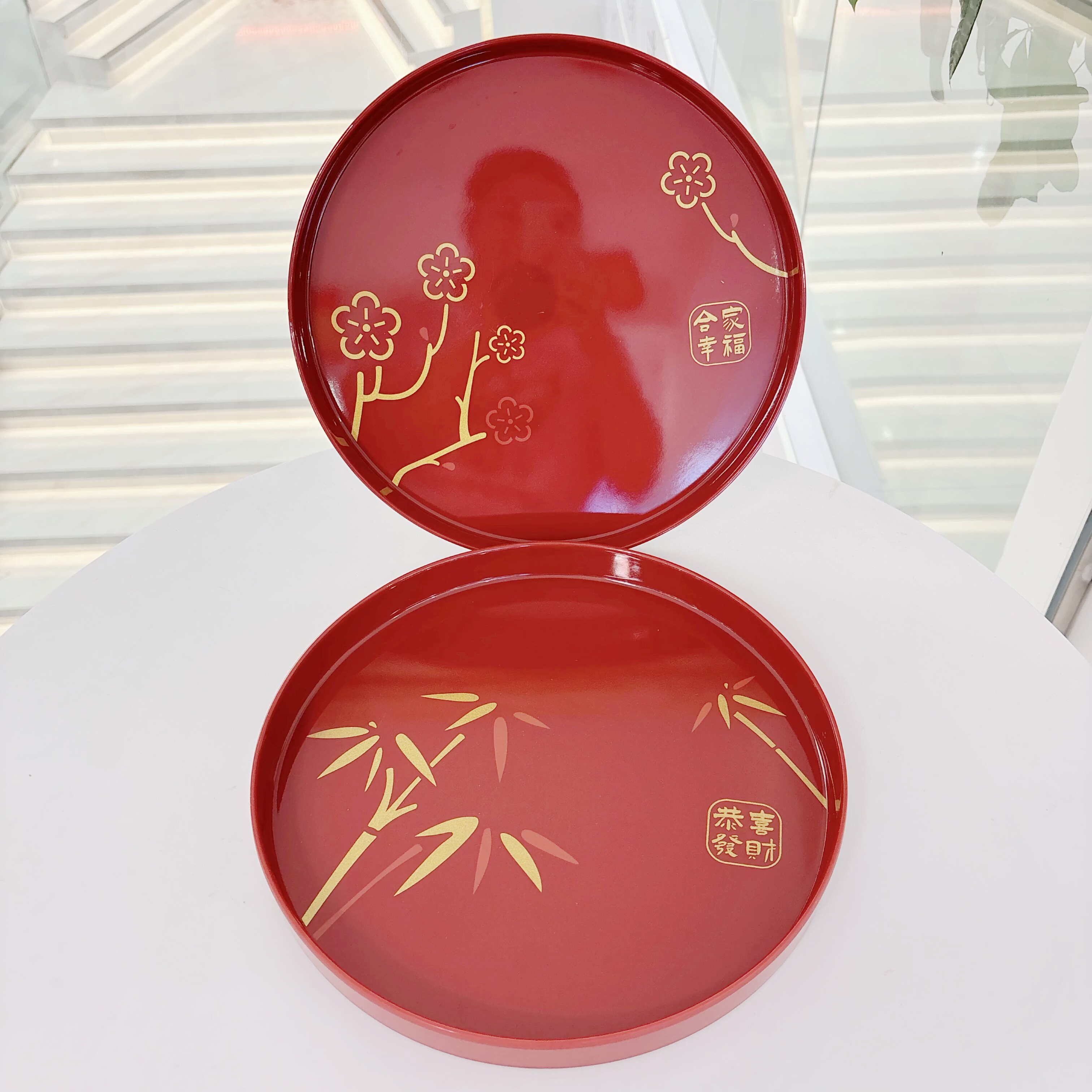 新年红色圆形托盘结婚家用客厅茶几水杯置物盘敬茶盘仿瓷喜盘30cm