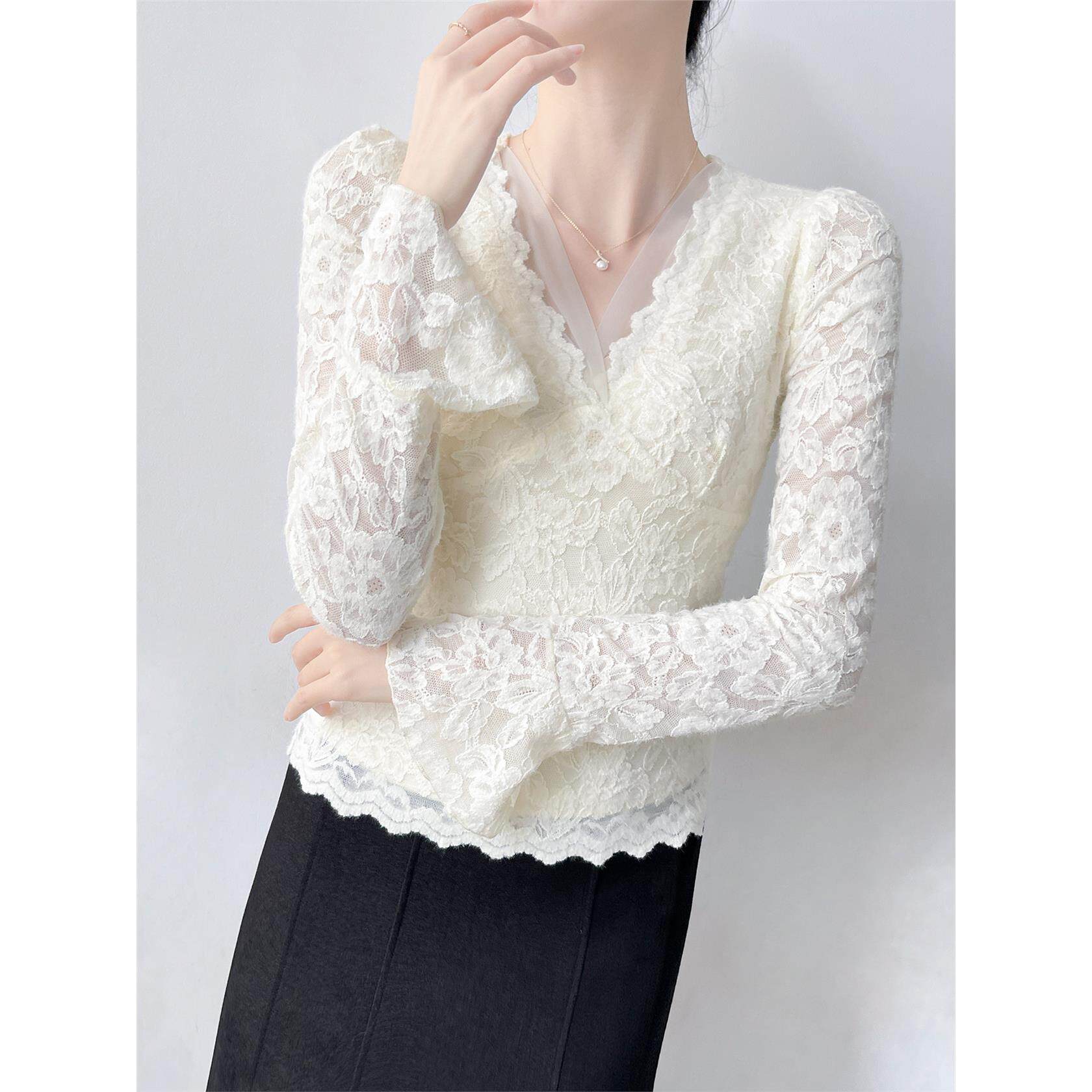韩帛雅长袖内搭v领蕾丝打底衫女秋冬法式气质高级感修身显瘦上衣