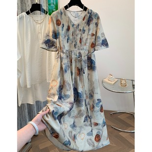 大码 品牌撤柜高级感碎花天丝亚麻连衣裙女夏季 遮肚棉麻宽松长裙子