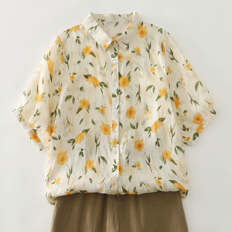 桔黄色印花衬衫  法式百搭高品质碎花小衫短袖上衣女