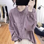 女春秋季 品牌折扣复古百搭长袖 全棉衬衫 洋气宽松衬衣木耳领上衣潮