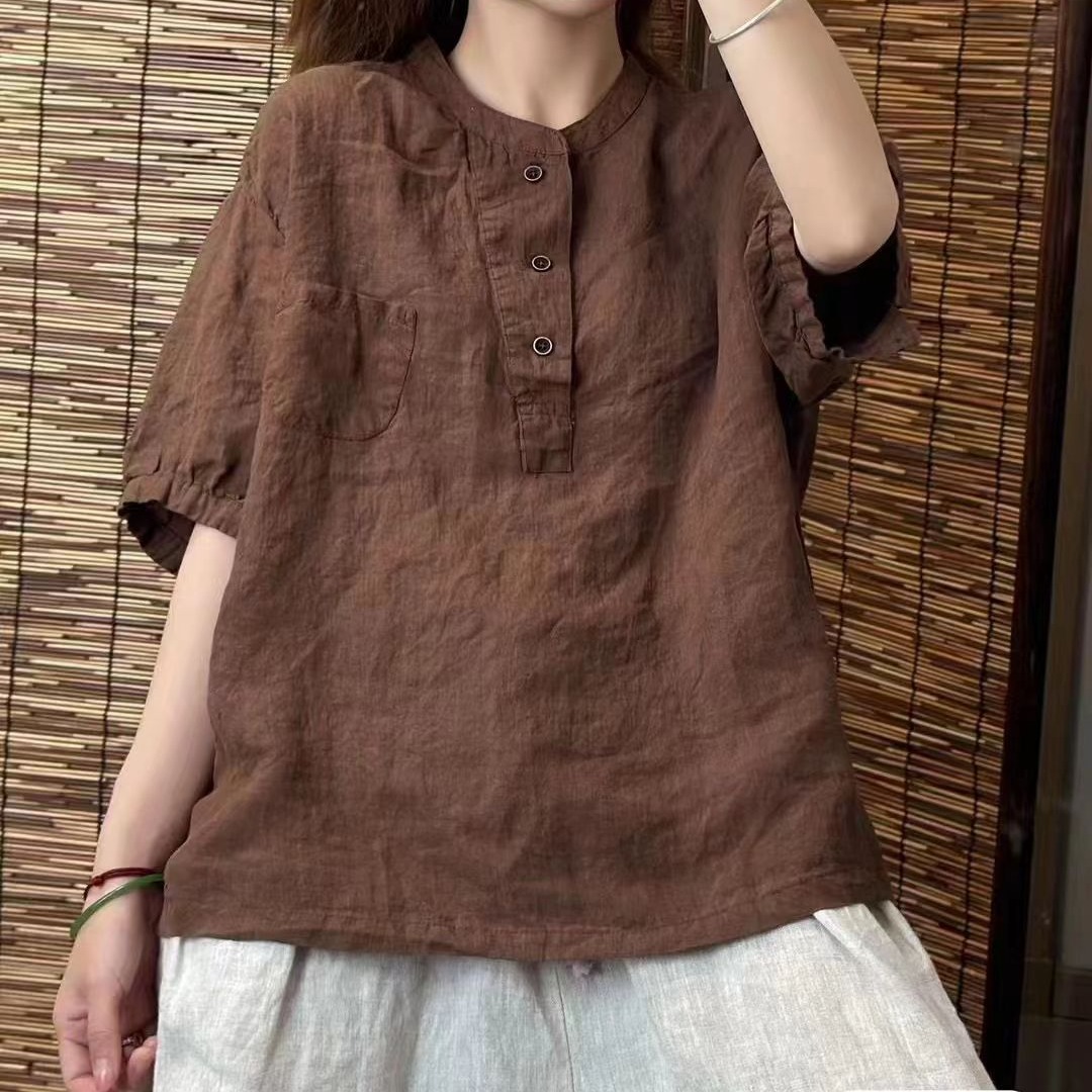品牌折扣清仓复古宽松棉麻短袖衬衫女夏季文艺百搭减龄开衫上衣潮
