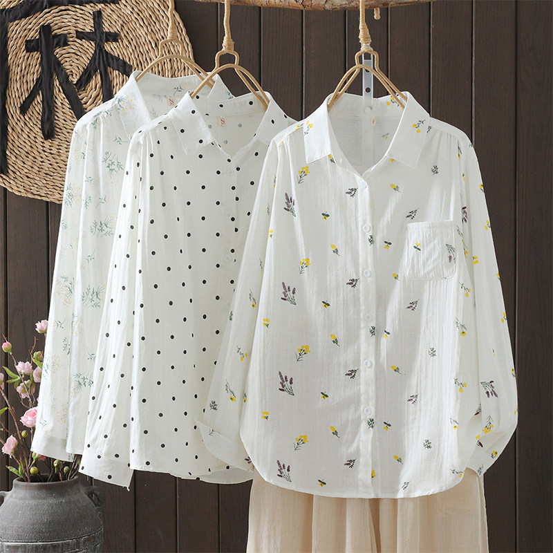 文艺休闲百搭双层棉纱碎花衬衫秋季宽松显瘦印花衬衣时尚长袖上衣