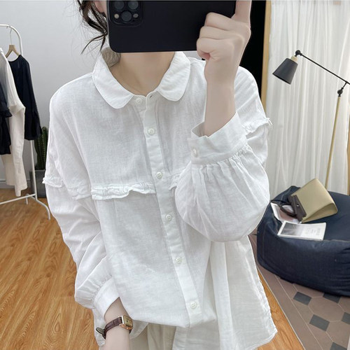 外贸出口大牌撤柜复古宽松木耳边纯棉衬衫女春夏翻领减龄长袖上衣