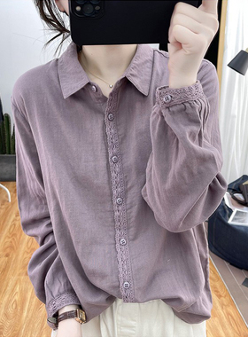 清仓捡漏春秋复古宽松棉麻长袖衬衫女休闲翻领减龄显瘦打底上衣潮
