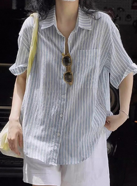 日系复古蓝色条纹棉麻短袖衬衫女夏季薄款慵懒松风宽松休闲上衣潮