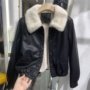 欧货加绒皮衣外套女 pu 皮加厚夹克 2026 秋冬款小个子大毛领短款
