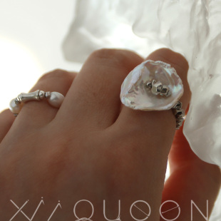 ins小众指环可调 原创超大珍珠s925纯银不规则设计戒指男女2024款