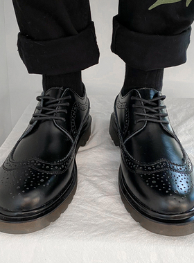 ALKE 复古纯色圆头布洛克大头鞋防滑低帮系带牛筋底男士皮鞋