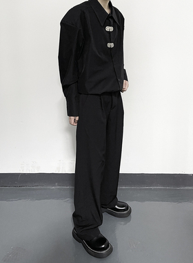 ALKE 小众设计垫肩个性金属扣廓形宽松纯色简约长袖衬衫男女情侣