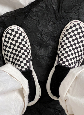 ALKE 简约黑白格子懒人低帮百搭套脚一脚蹬平底帆布鞋 男女情侣款