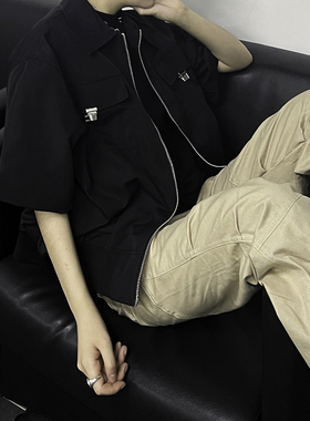 ALKE 小众金属设计感短袖夹克男夏纯色简约宽松衬衣 男女情侣款