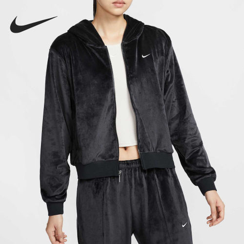 Nike/耐克正品新款女士宽松加绒连帽短款丝绒外套HJ0958-010