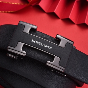 BOSSSUNWEN大牌字母H扣男士皮带真皮自动扣头层牛皮裤腰带送男友