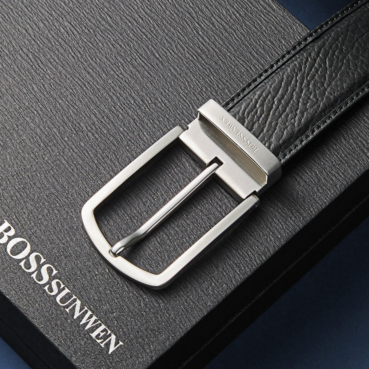 BOSSSUNWEN轻奢海豹皮男士皮带真皮不锈钢高端商务针扣配西装腰带