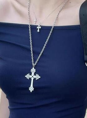 韩国小众设计银色大十字架项链女长款辣妹毛衣链朋克复古y2k颈链