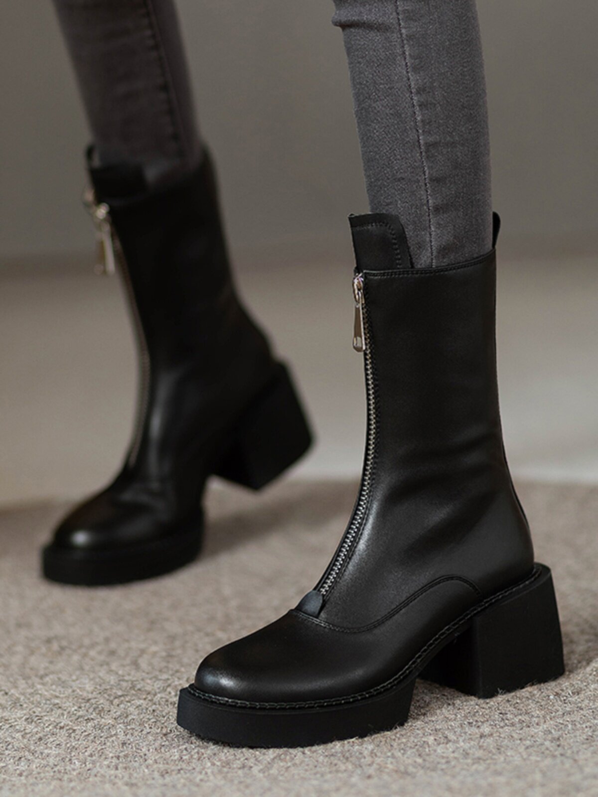 2024 가을 겨울 싱글 부츠  가죽 작은 앞 지퍼 중반 송아지 마틴 부츠 여성용 두꺼운 밑창 부츠 얇은 하이힐 짧은 부츠