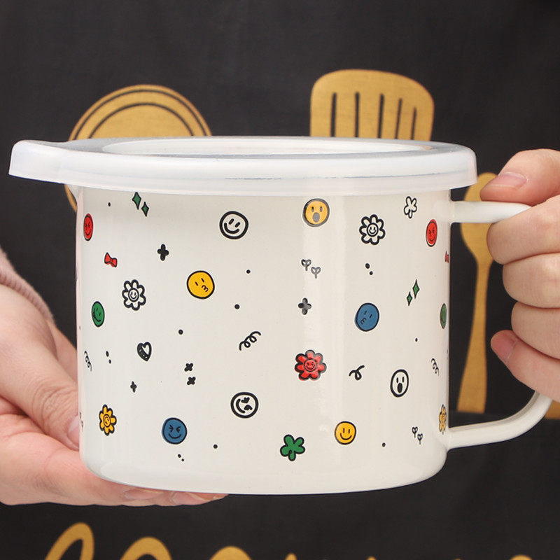 欧丽家搪瓷卡通印花泡面碗搪瓷带盖带手柄学生宿舍办公室方便面碗