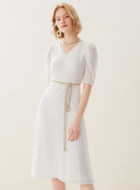 IVYKKI艾维奥莱连衣裙2024新款夏白色短袖中长款收腰裙气质小裙子