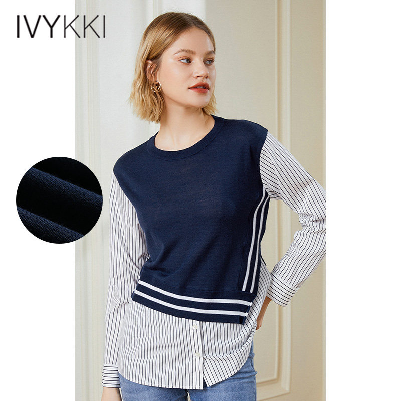 IVYKKI艾维奥莱时尚假两件通勤圆领拼接竖条纹长袖套头羊毛毛衫女