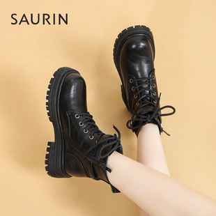 索兰厚底增高马丁靴女2025秋冬新款英伦风小个子粗跟短靴25DX6511