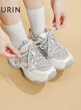 索兰老爹鞋女2025秋季新款复古网面厚底增高运动休闲鞋25CY27256