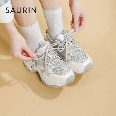 索兰老爹鞋女2025秋季新款复古网面厚底增高运动休闲鞋25CY27256