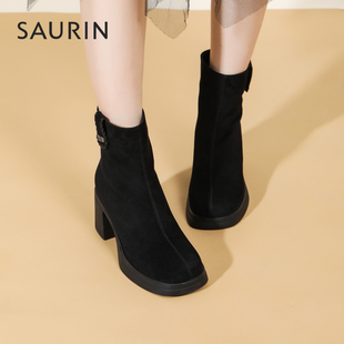 索兰短靴女2025秋冬新款法式绒面显瘦方头高跟瘦瘦靴25DT39517