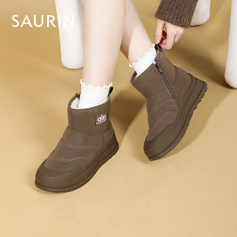 索兰厚底雪地靴女2025冬季新款加绒保暖防滑东北棉靴子25DX22522