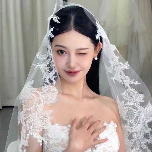 复古蕾丝花边长款拖尾头纱新娘婚纱照摄影拍照跟妆造型高级感头饰