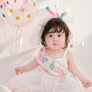 ins风生日头饰甜美可爱儿童头纱公主多巴胺彩色扭棒发夹宝宝拍照