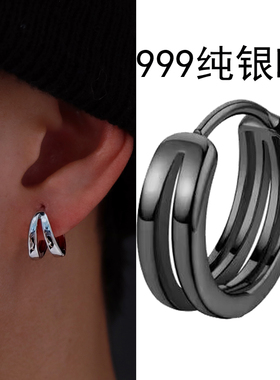 S999纯银耳针男士耳环2025新款爆款黑色耳扣女高级感耳圈单只耳饰