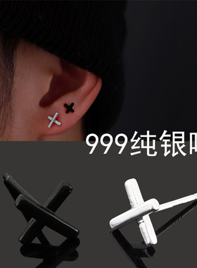 S999纯银十字架耳钉2025新款爆款男士黑色耳骨钉女养耳洞单只耳饰
