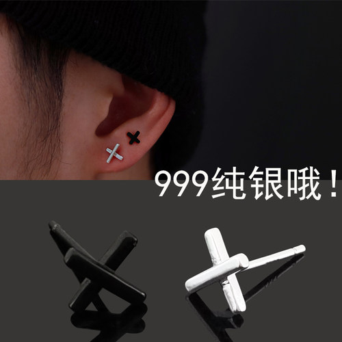 十字架S999纯银耳钉黑色耳骨钉女