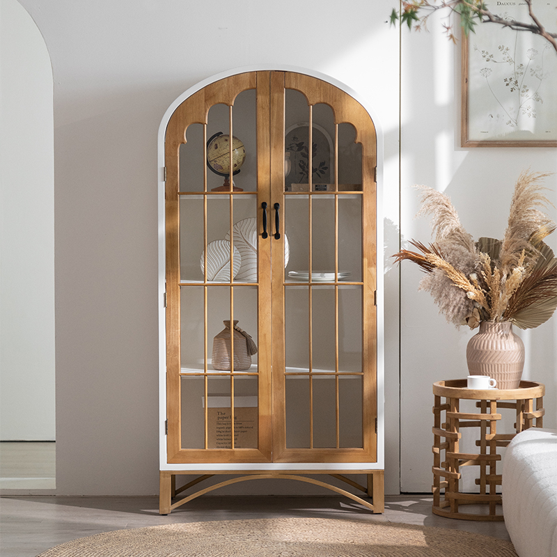 法式木制复古餐边柜客厅玻璃门酒柜靠墙整装储物柜书房书柜展示柜