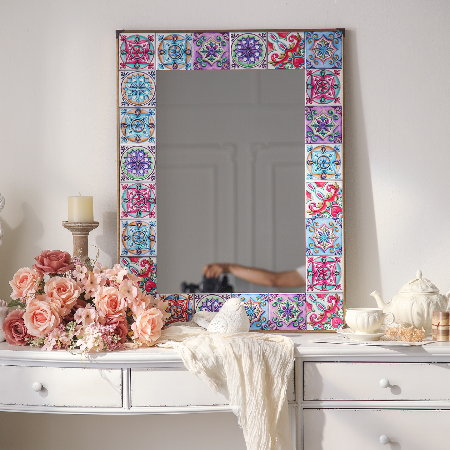 彩色花纹壁画镜复古装饰镜家居化妆镜高级感壁挂式台面镜子走廊镜,住宅家具,壁画镜,淘宝优惠券,粉丝福利购,淘宝优惠卷