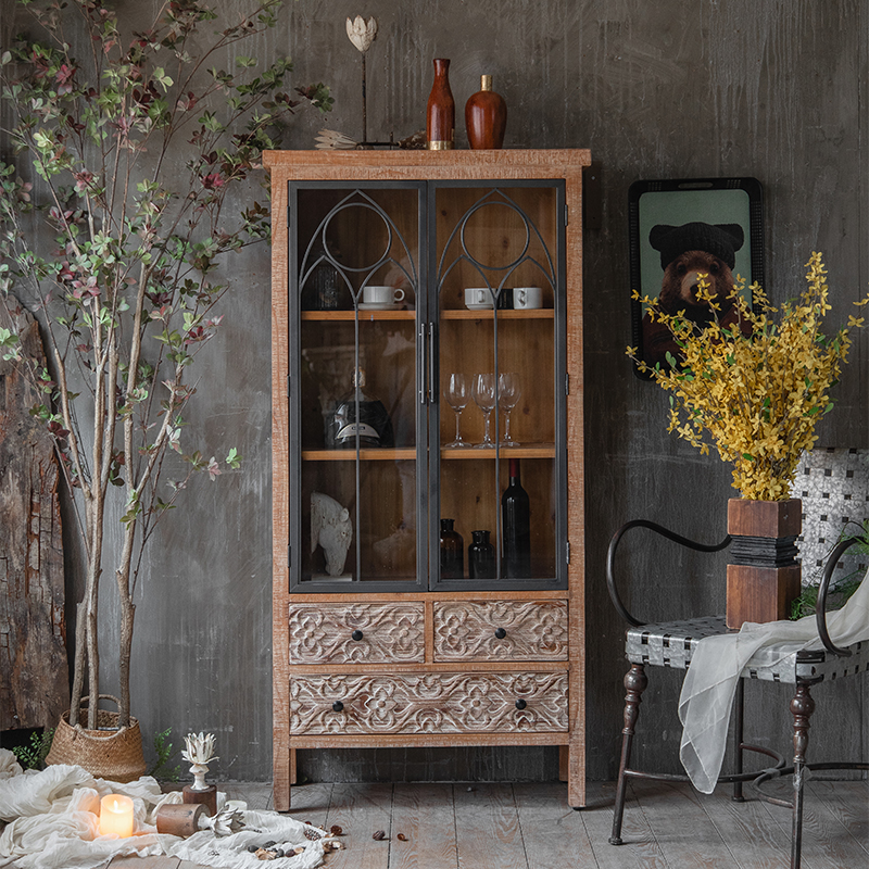 复古做旧餐边柜实木玻璃中古柜
