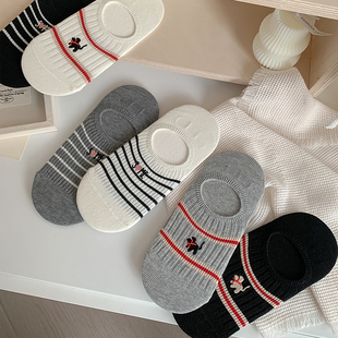 袜子女棉袜春夏条纹双针小狗刺绣女士隐形船袜 可爱学院风短袜