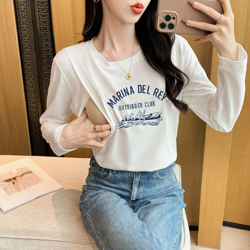 哺乳衣春秋新款纯棉打底衫产后长袖T恤简约字母印花侧开喂奶上衣