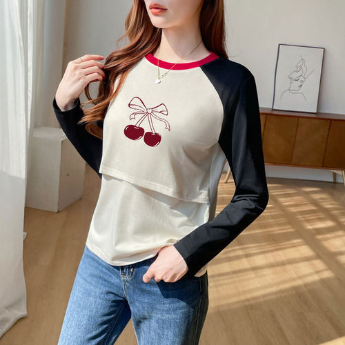 纯棉哺乳衣樱桃印花上掀喂奶上衣
